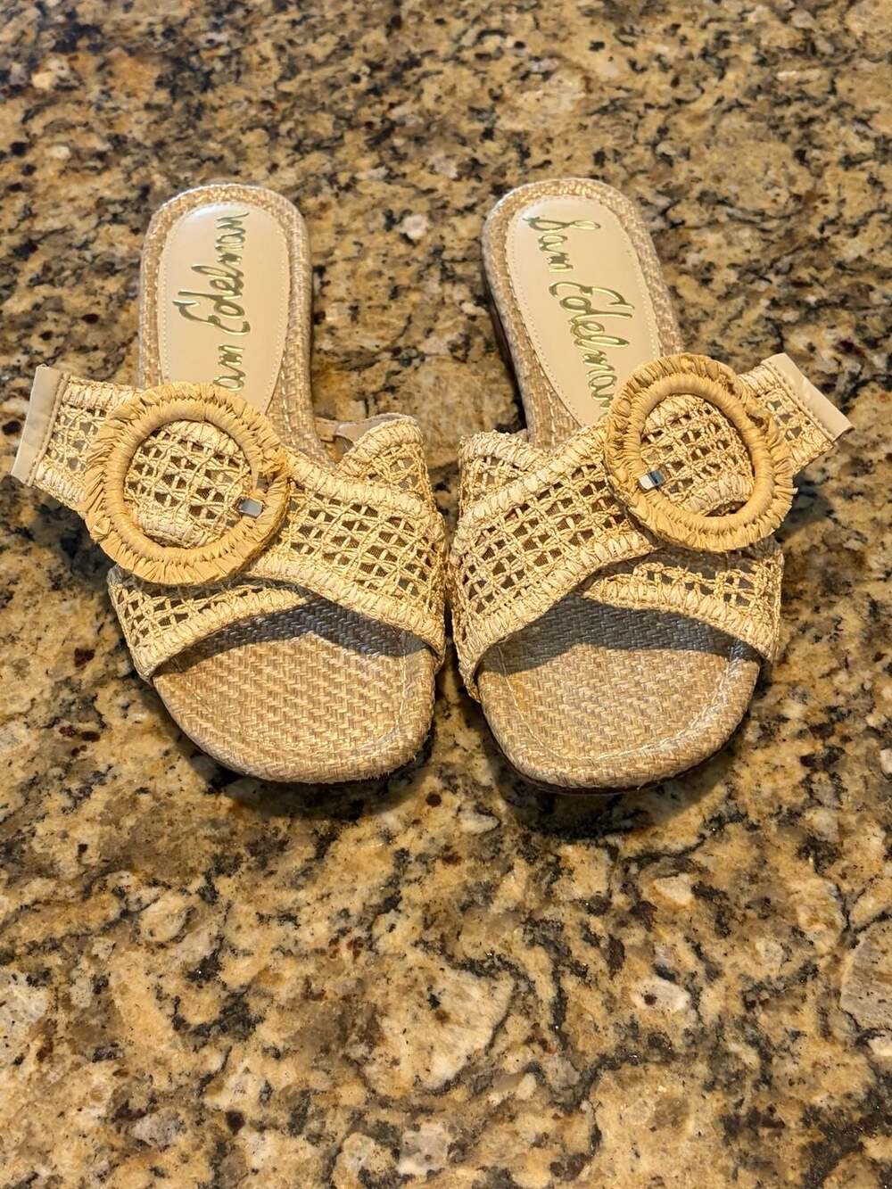 Sam Edelman Brynda Sandals Women’s 7.5 Beige Raffia Woven Buckle Slides